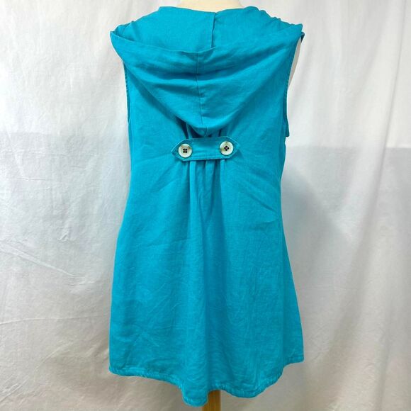 FOR CYNTHIA Teal 100% Linen Boxy Hooded Tunic Top Pockets Womens S Buttons Lagum - Picture 6 of 8